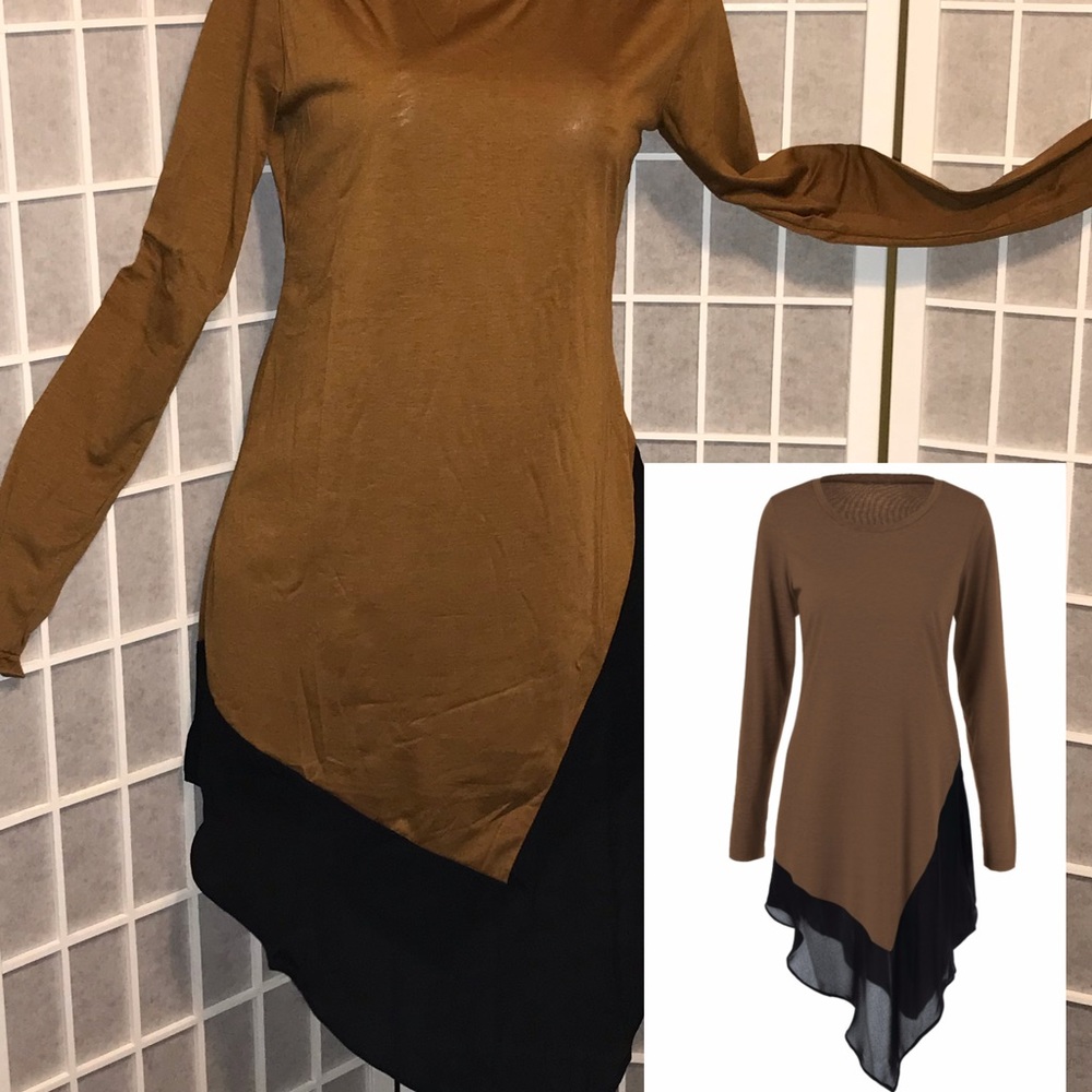 Asymmetrical Chiffon Long Blouse - Brown - L